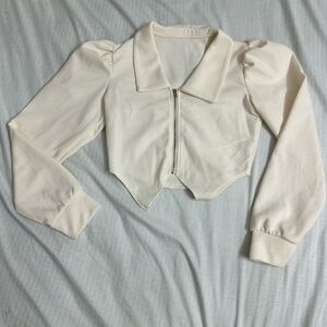 Cream Cropped Zip-Front Collared Top